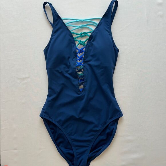 Bleu Rod Beattie Womens Lacedown Swimsuit Sz 4 Blue Multicolor - Picture 2 of 6